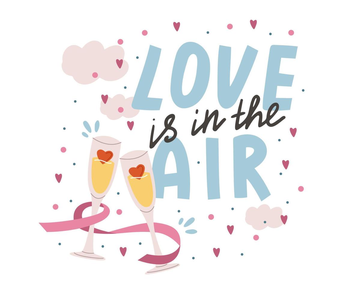 romantico lettering e bicchieri di Champagne vettore