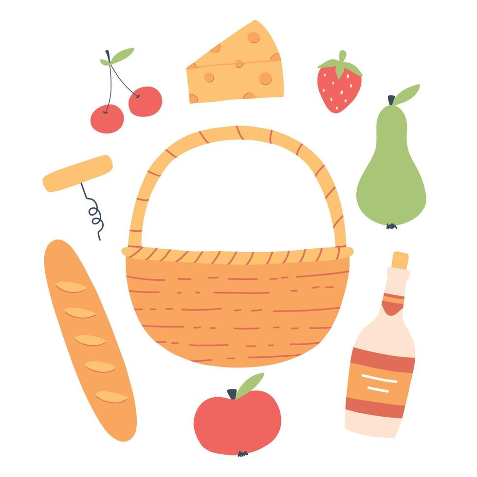 picnic cestino. estate picnic. cestino con baguette, frutta. vino e formaggio. vettore illustrazione. piatto mano disegnato stile.