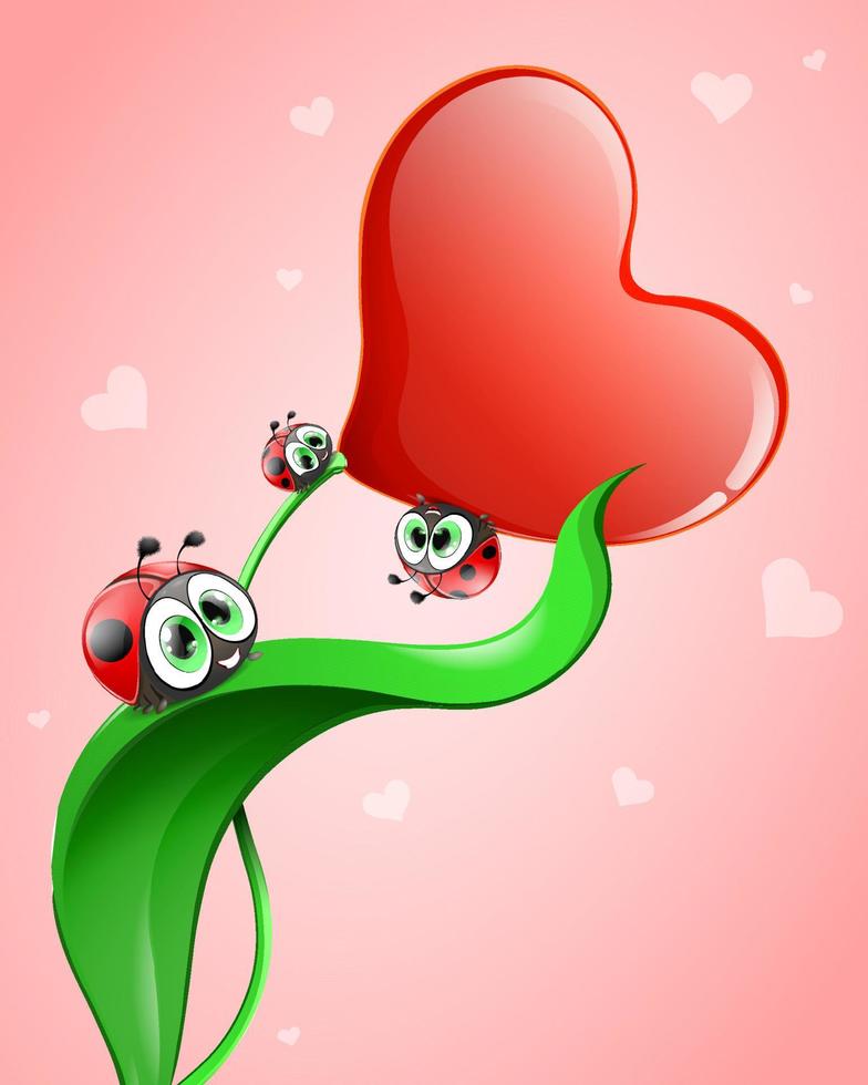 carino divertente cartone animato coccinelle seduta su il grande cuore fiore vettore