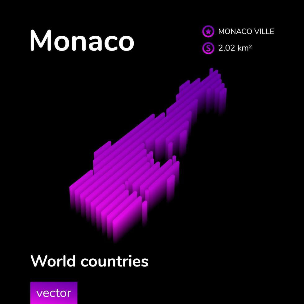 monaco 3d carta geografica. stilizzato neon digitale isometrico a strisce vettore carta geografica nel viola e rosa colori su il nero sfondo