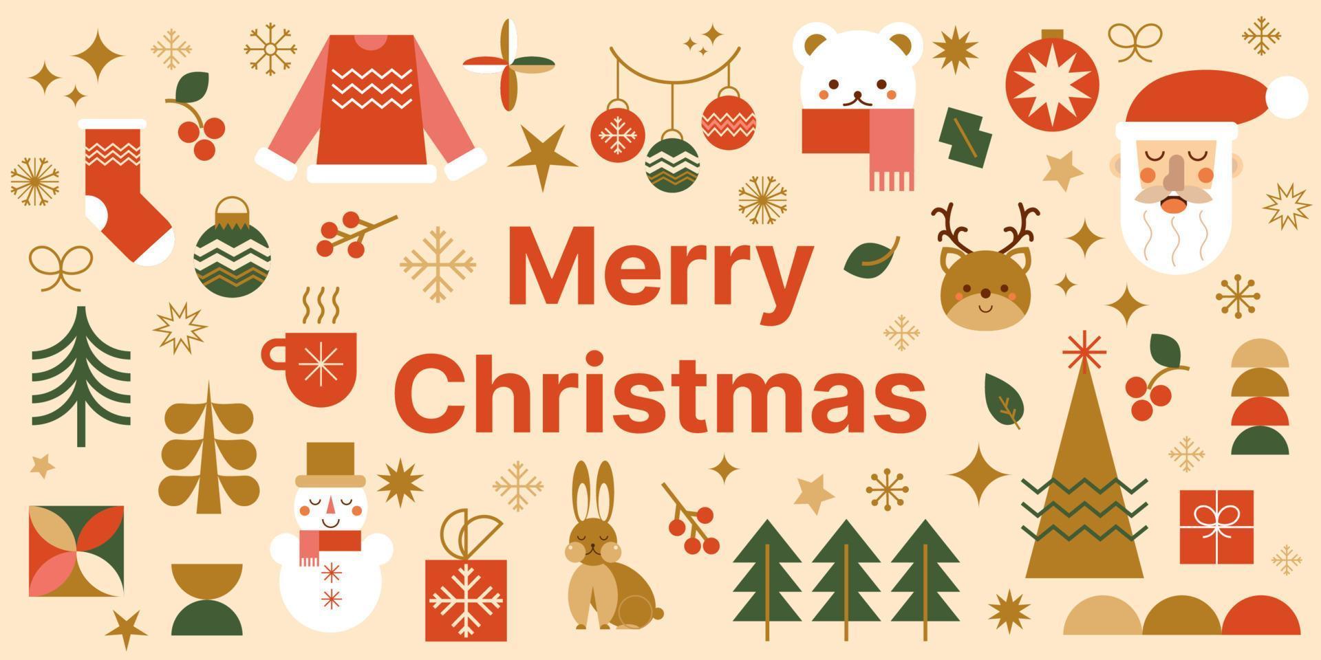 Natale vacanza bandiera con geometrico mosaico elementi, inverno festivo simboli, Santa Natale albero nel vettore illustrazione. orizzontale manifesto nel minimalista astratto piatto design. rosso oro sfondo