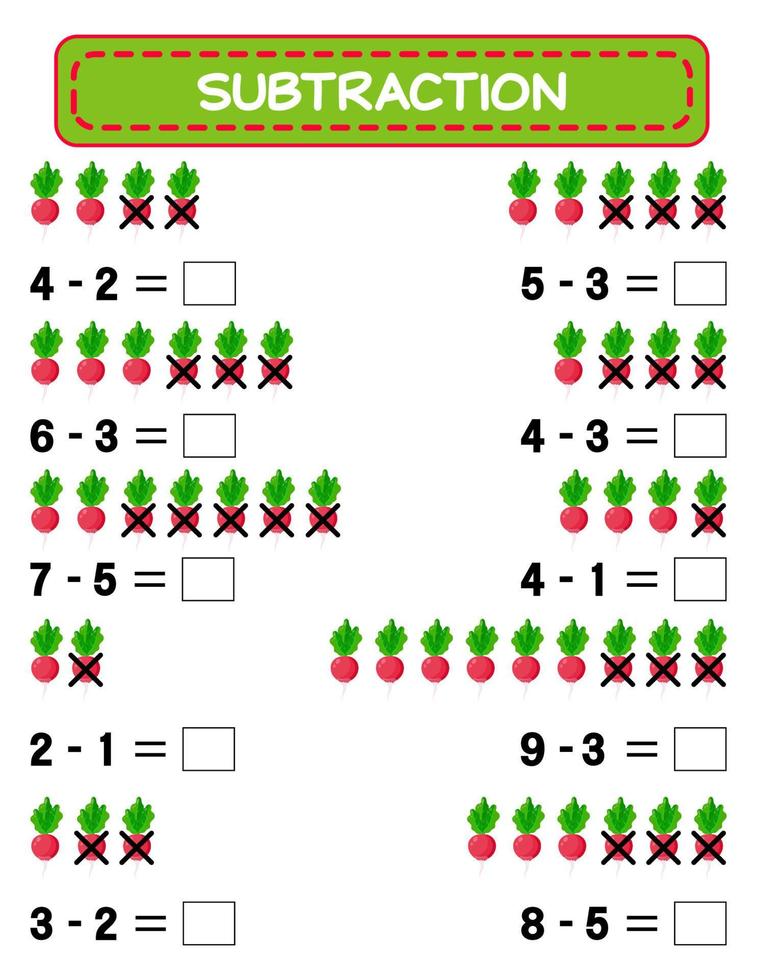 sottrazione. matematica foglio di lavoro per bambini. sviluppando matematica abilità. risolvere esempi e scrivere. matematica. vettore illustrazione.educativo matematica bambini gioco. sottrazione per bambini