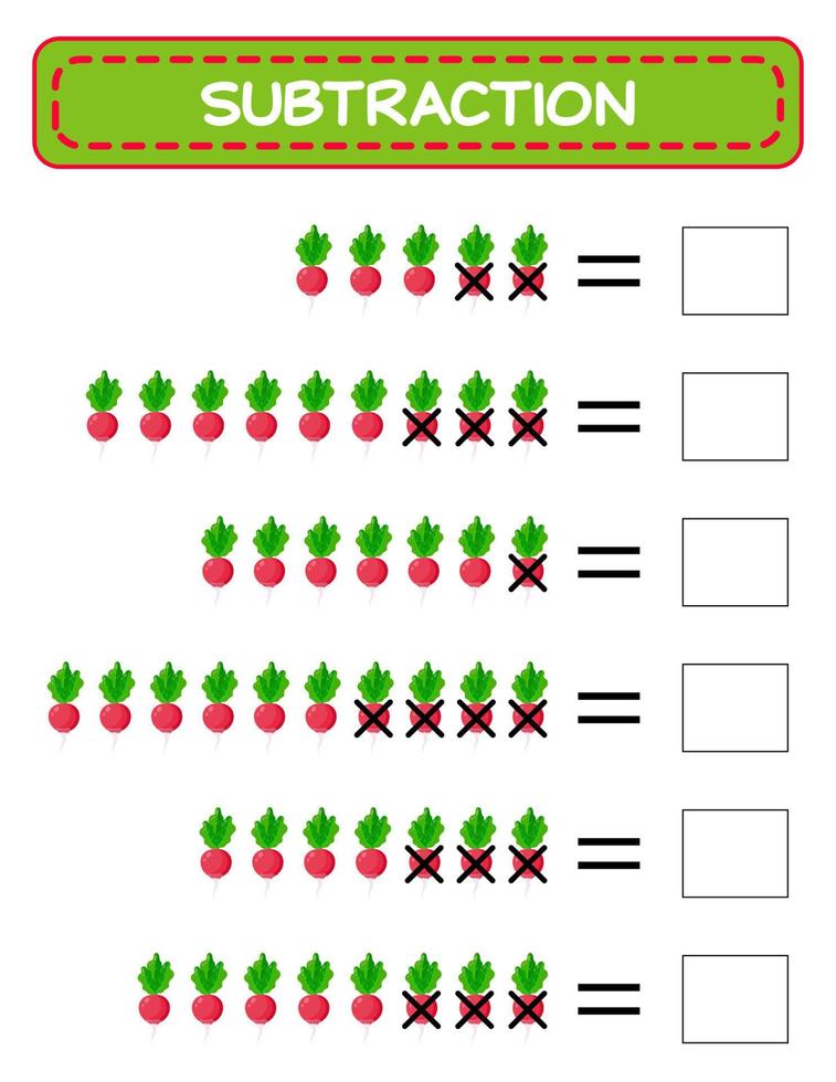 sottrazione. matematica foglio di lavoro per bambini. sviluppando matematica abilità. risolvere esempi e scrivere. matematica. vettore illustrazione.educativo matematica bambini gioco. sottrazione per bambini