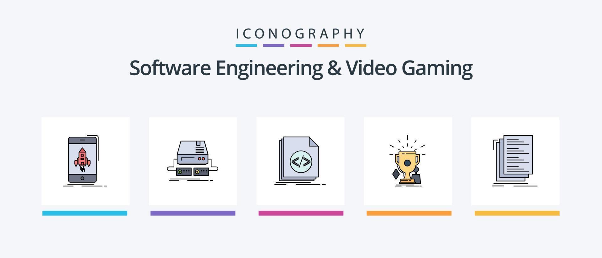 Software ingegneria e video gioco linea pieno 5 icona imballare Compreso sviluppatore. api. streaming. giocare a. gioco. creativo icone design vettore