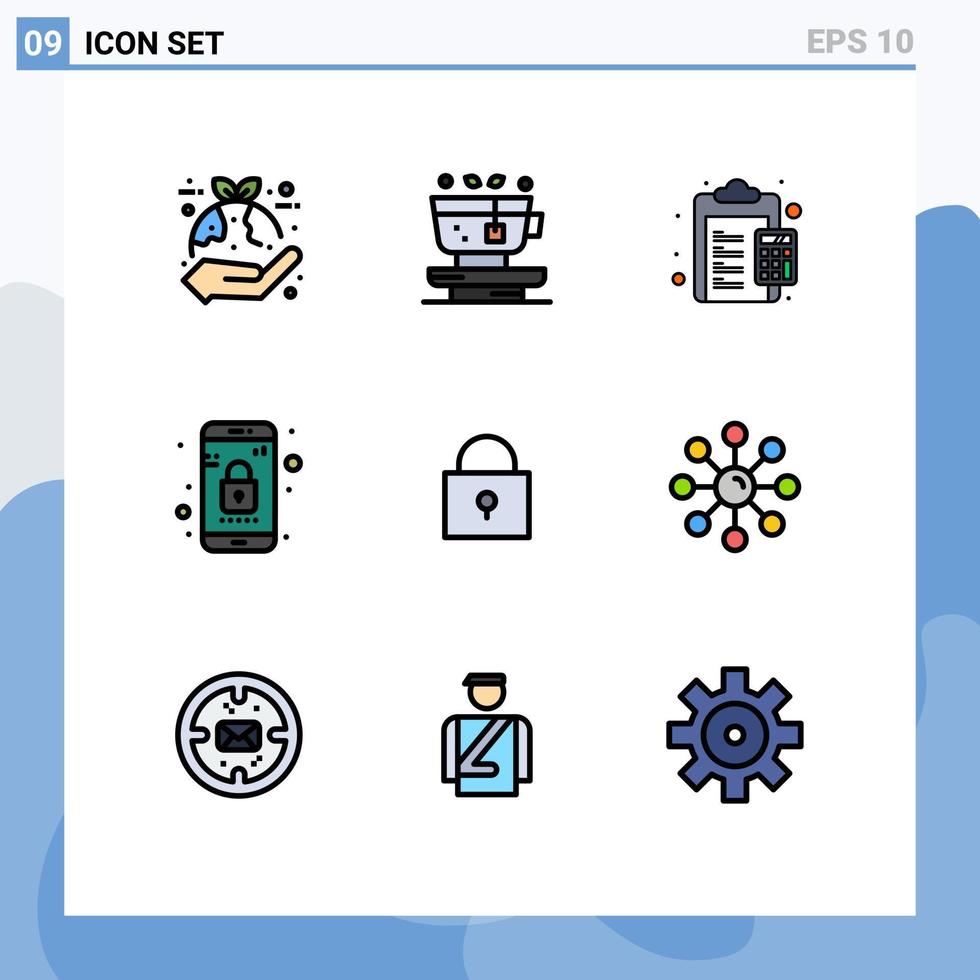 utente interfaccia imballare di 9 di base riga piena piatto colori di Telefono serratura tè App doveri modificabile vettore design elementi