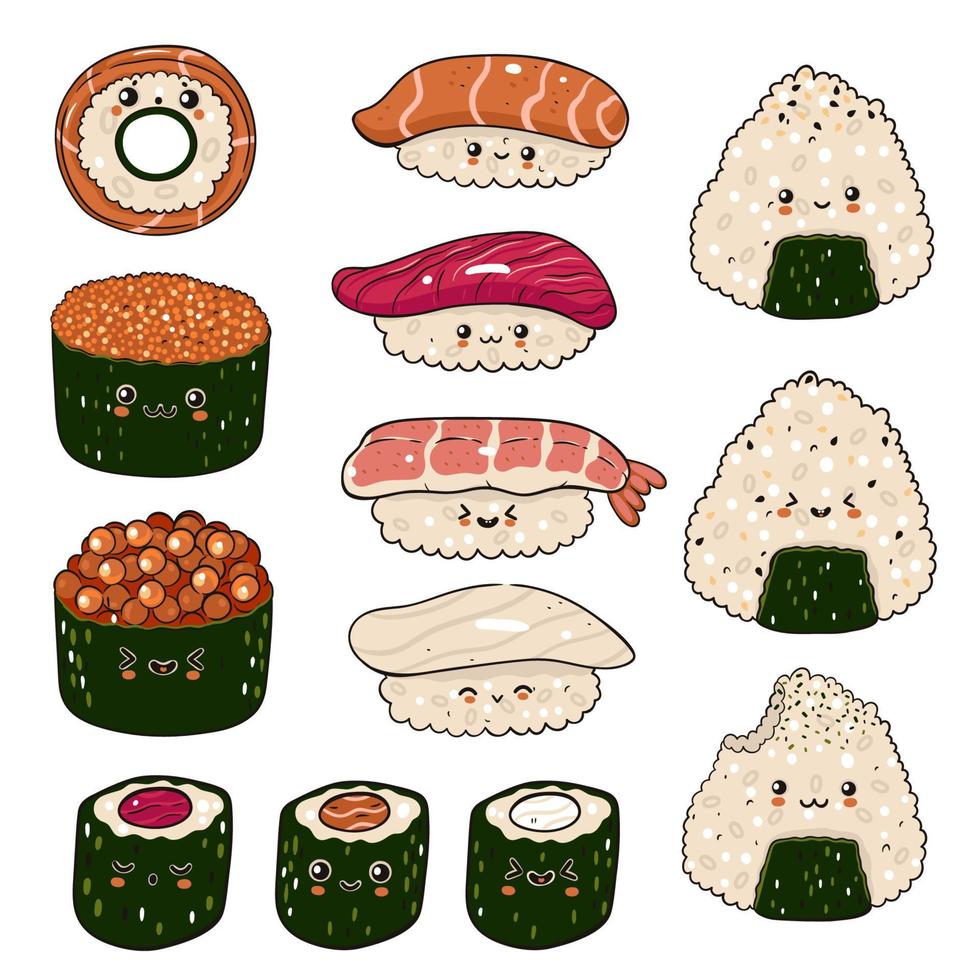 impostato di kawaii Sushi e onigiri isolato su bianca sfondo. vettore grafica.