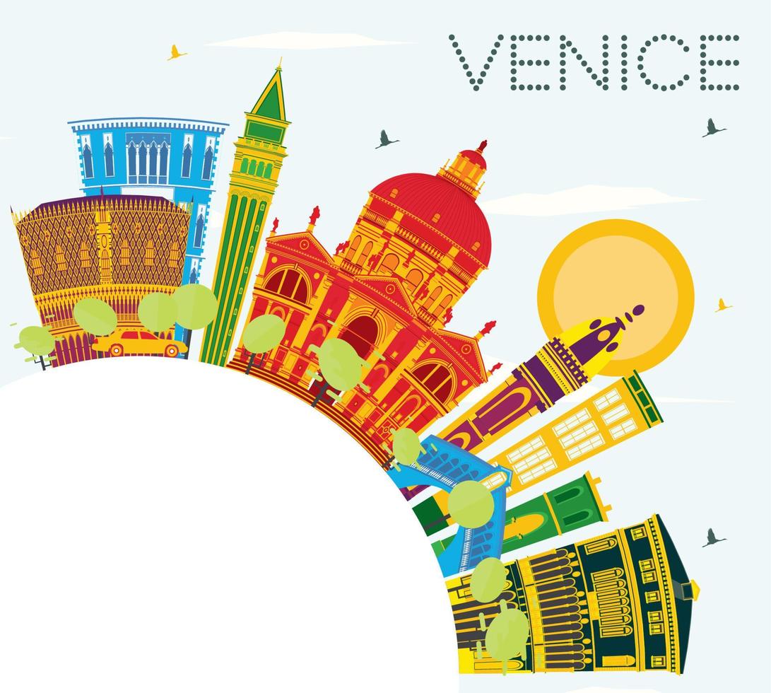 Venezia orizzonte con colore edifici, blu cielo e copia spazio. vettore