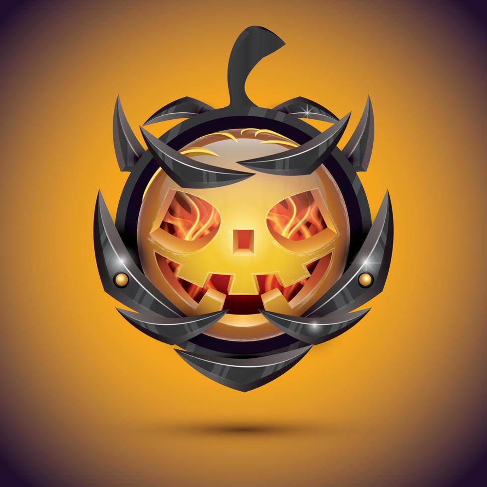Halloween zucca con fuoco fiamme su armatura. 3d emoji sorridente. vettore