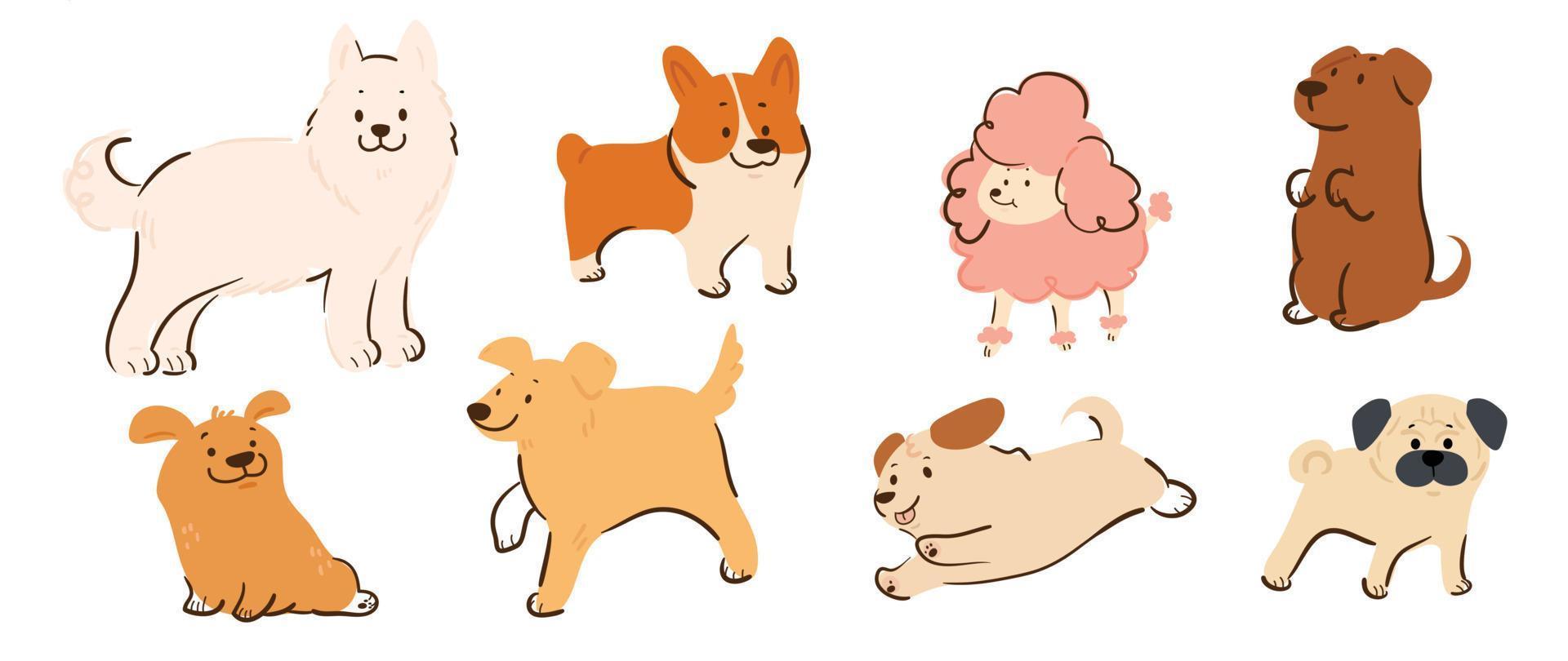 impostato di carino cani vettore. bello cane e cucciolo scarabocchio modello nel diverso pose, razze, carlino, corgi, barboncino, Samoiedo con piatto colore. adorabile animale domestico personaggi mano disegnato collezione su bianca sfondo. vettore