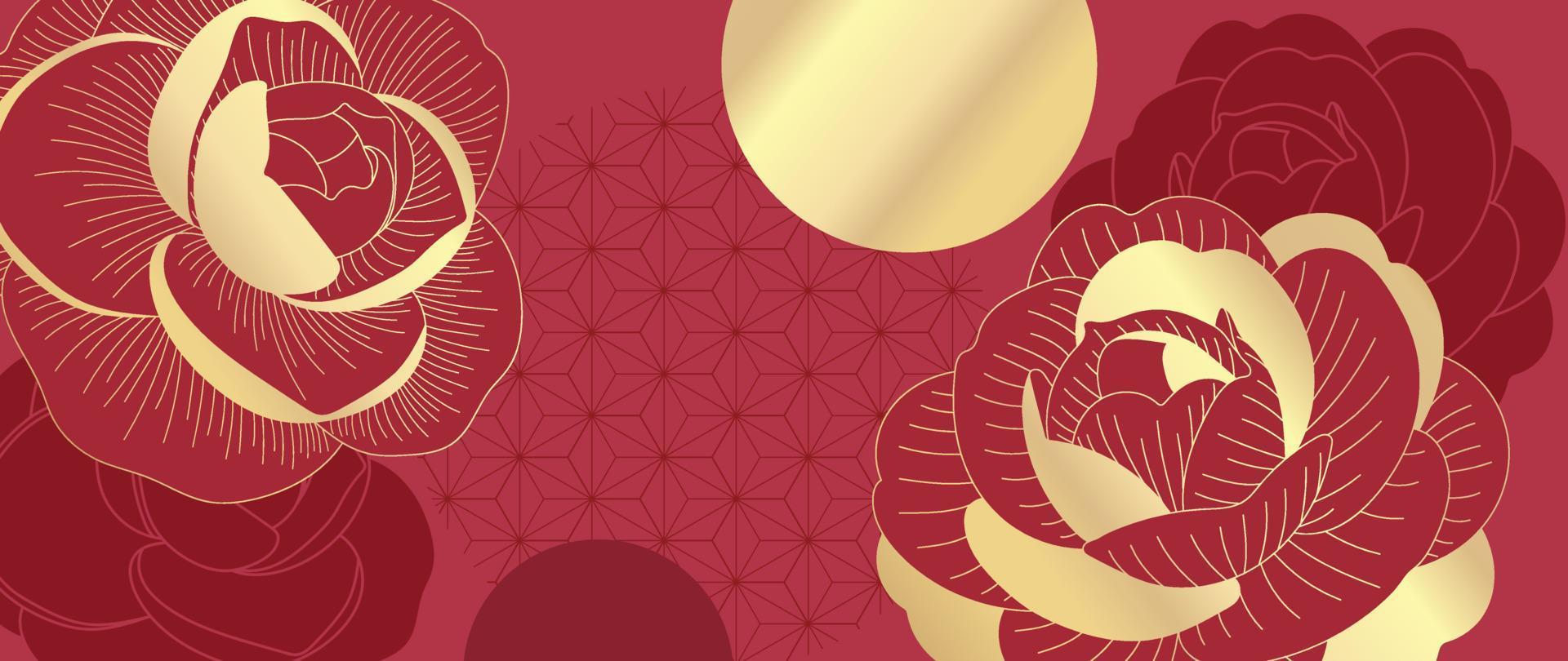 contento Cinese nuovo anno lusso stile modello sfondo vettore. orientale d'oro rosa fiore e linea arte su rosso sfondo. design illustrazione per sfondo, carta, manifesto, confezione, pubblicità. vettore