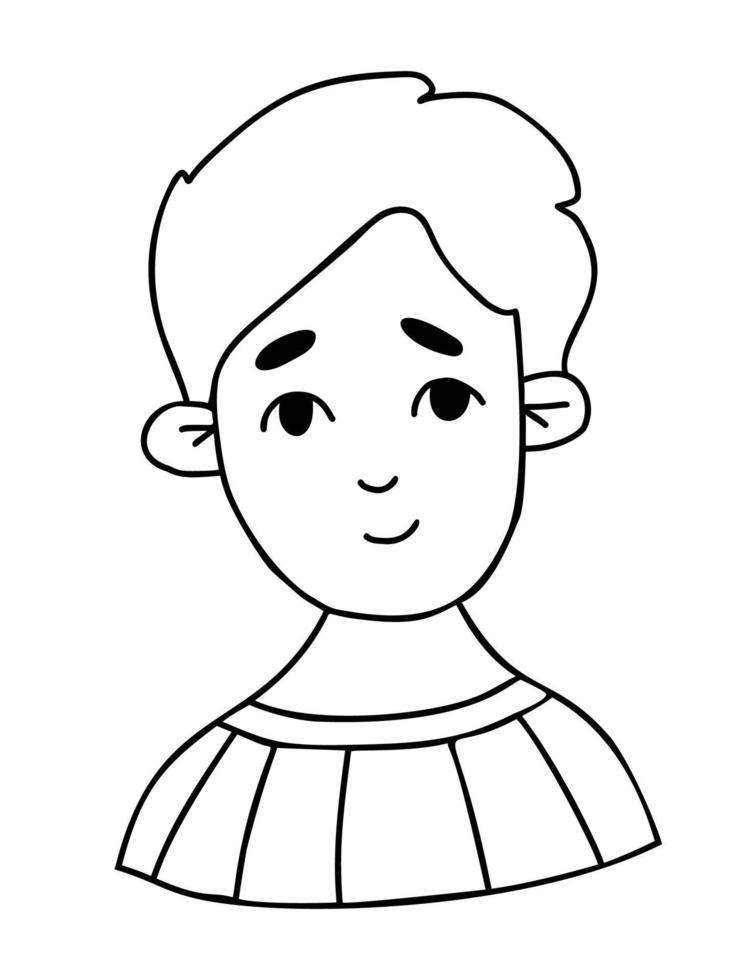 carino contento ragazzo. scarabocchio ritratto di sorridente Riccio bambino. vettore illustrazione. schema mano disegno. avatar maschio bambino viso.