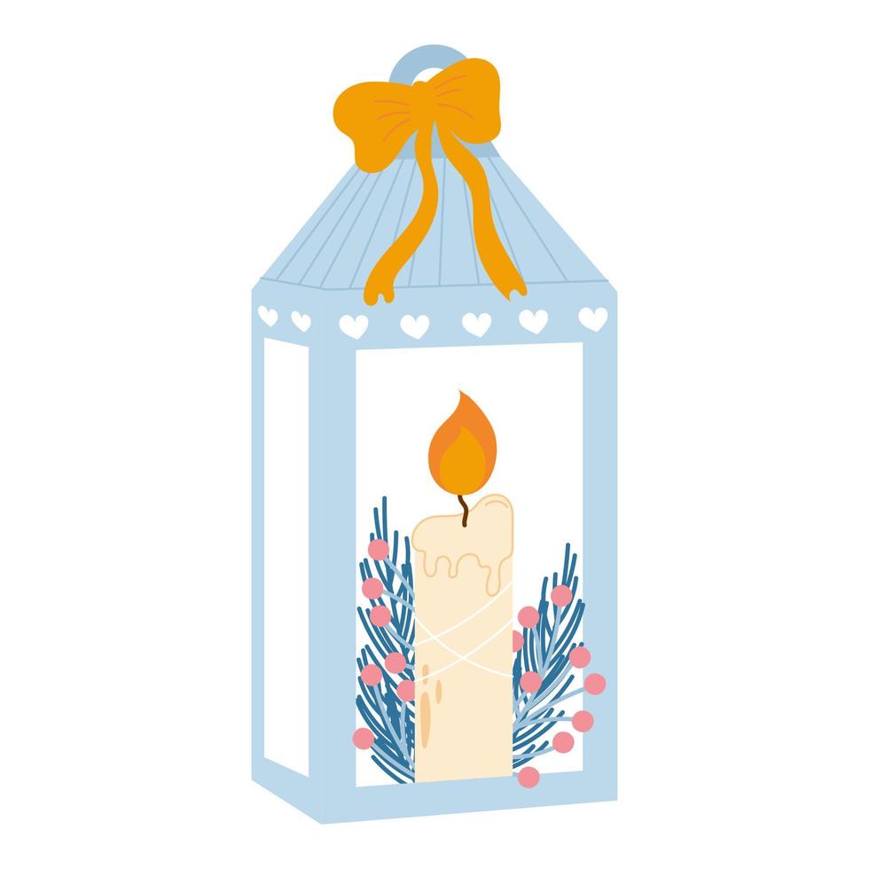 accogliente blu lanterna con un' ardente candela e foglie, frutti di bosco dentro isolato su bianca sfondo vettore