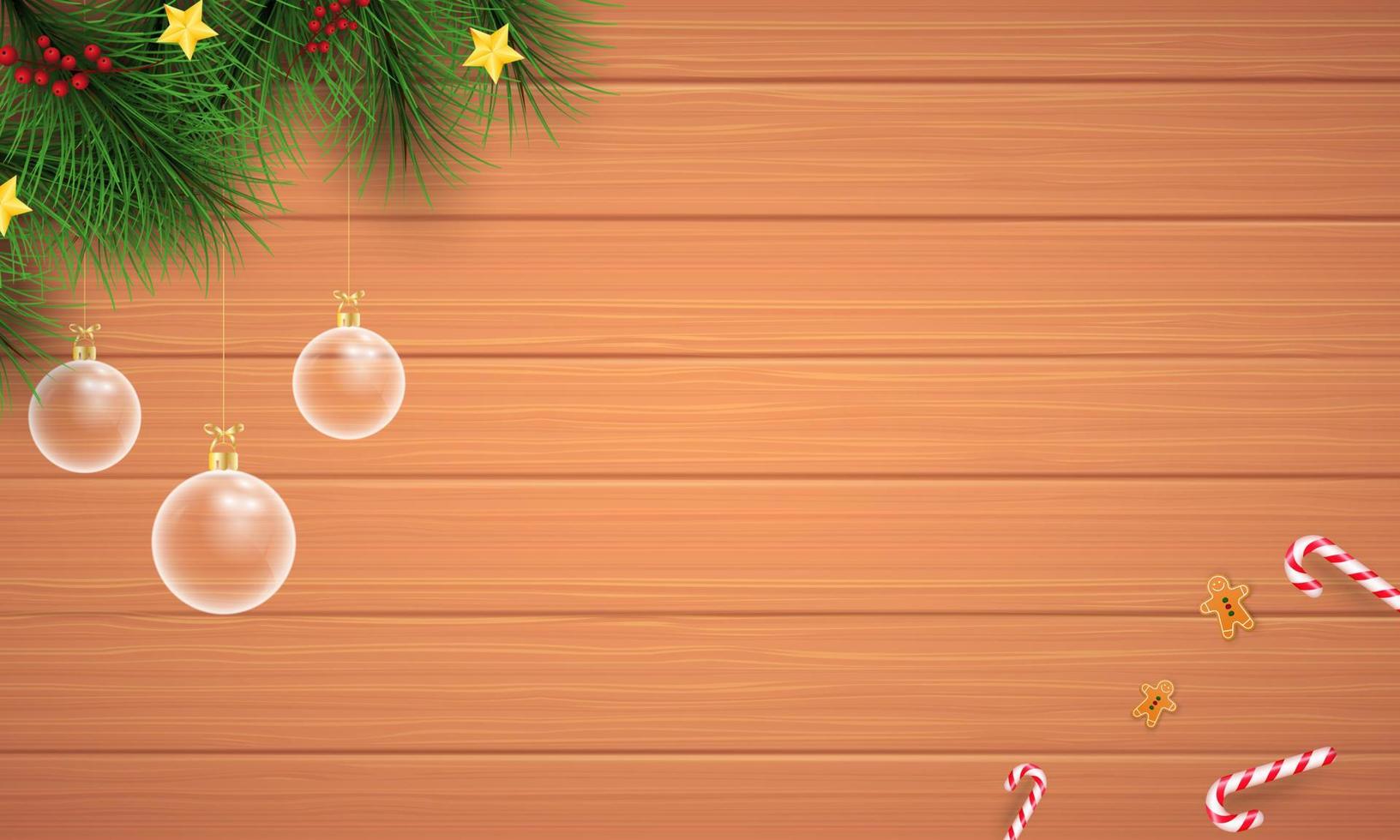 allegro Natale e contento nuovo anno e vuoto telaio su legna sfondo. allegro Natale con caramella e Pan di zenzero uomo Natale sfera. Natale e nuovo anno sfondo. vettore illustrazione