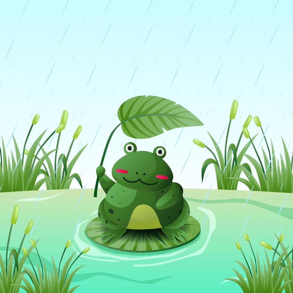 carino personaggio cartone animato rana seduta su il loto foglia su il acqua acquatico con foglia ombrello a pioggia bagnato terra tropicale vettore