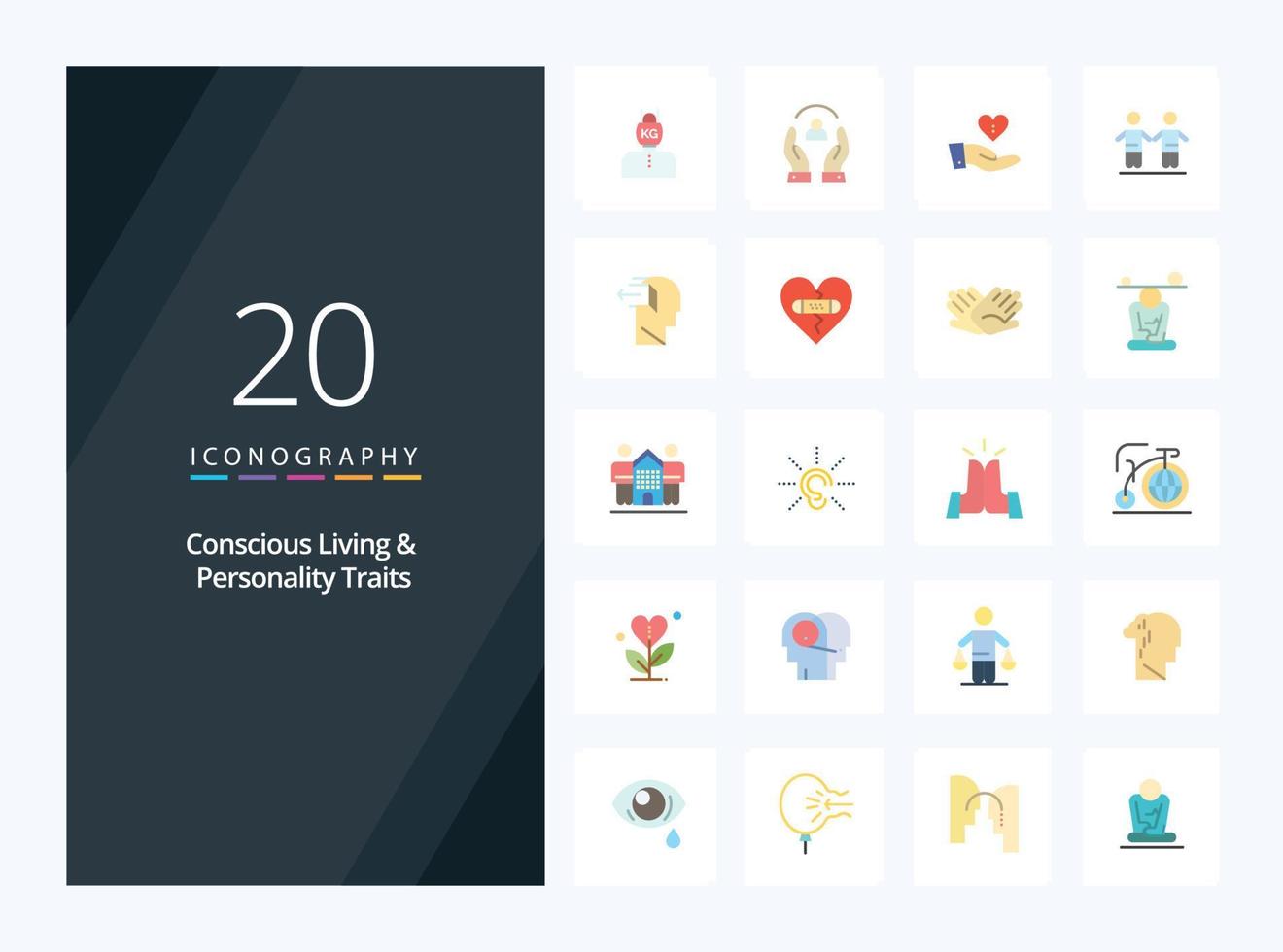 20 consapevole vivente e personalità tratti piatto colore icona per presentazione vettore