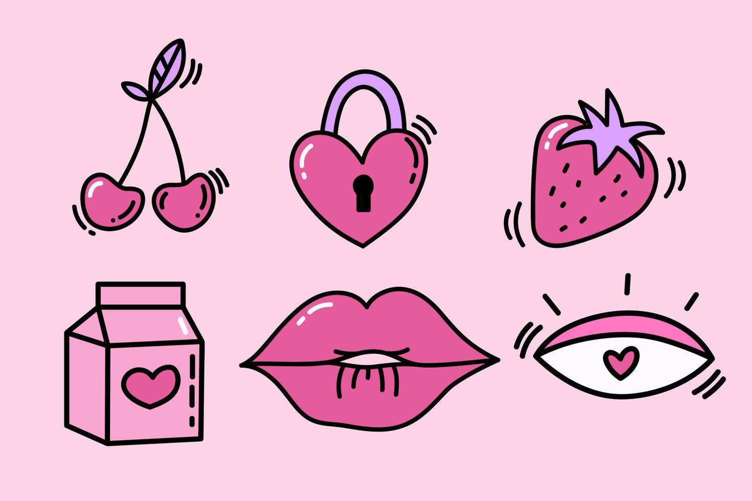 amore mano disegnato illustrazioni impostare. San Valentino giorno concetto. scarabocchio romantico elementi. ciliegia, cuore sagomato serratura, fragola, scatola di succo, labbra, occhio con cuore. cartone animato arredamento per San Valentino giorno vettore