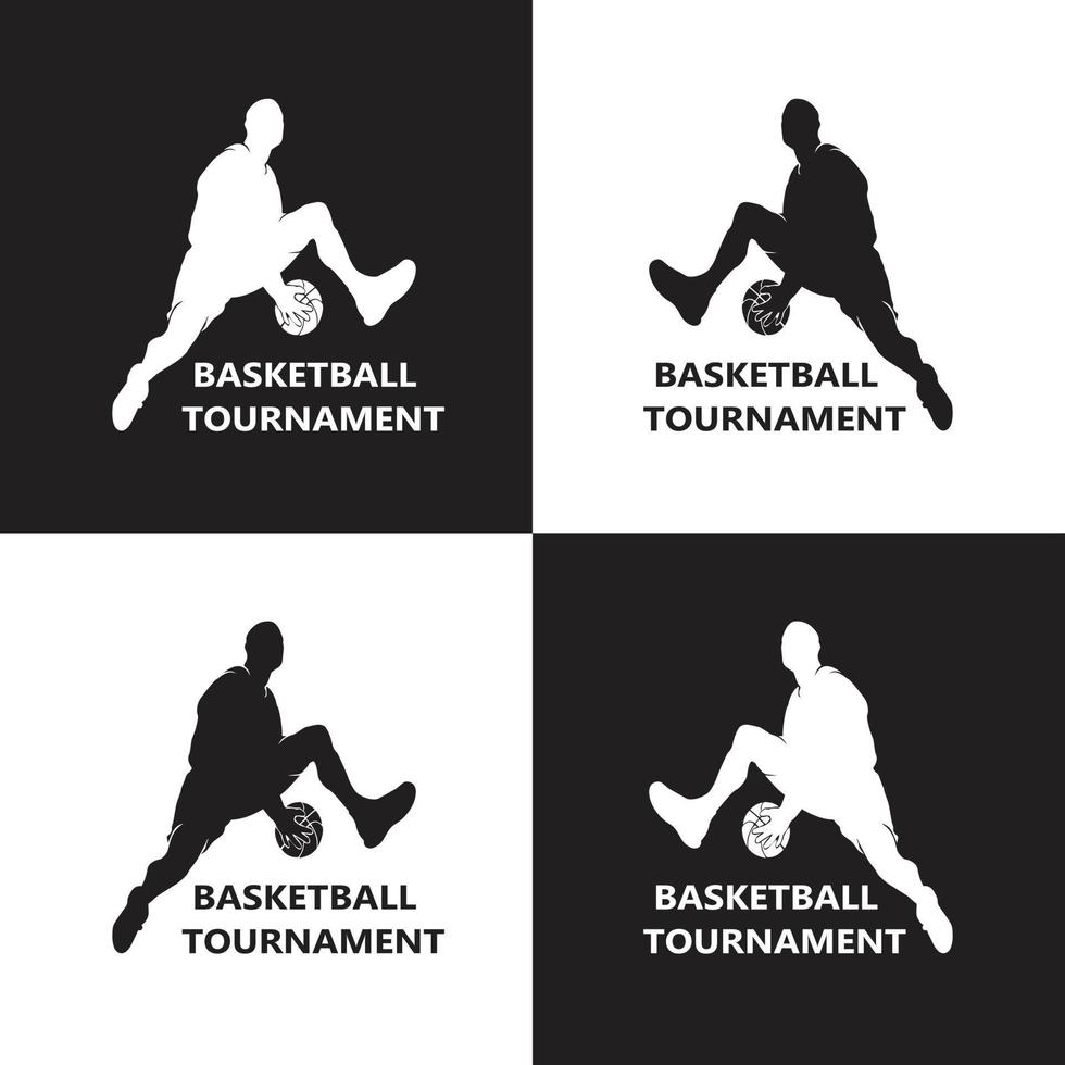 pallacanestro torneo logo. silhouette di pallacanestro giocatore saltare su bianca e nero versione vettore