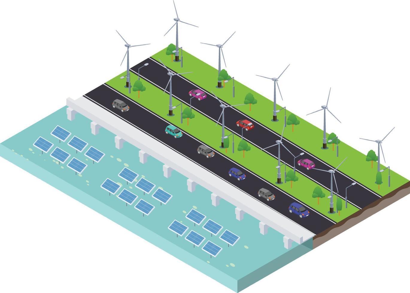 isometrico scena di vento turbine generando elettricità e solare azienda agricola pannelli con strada vicino il oceano vettore