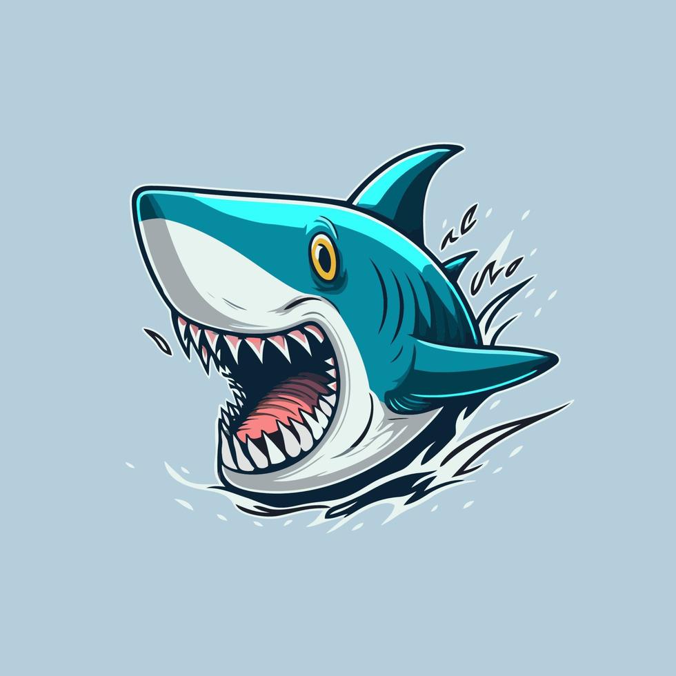 arrabbiato blu squalo logo personaggio portafortuna icona divertente cartone animato vettore stile