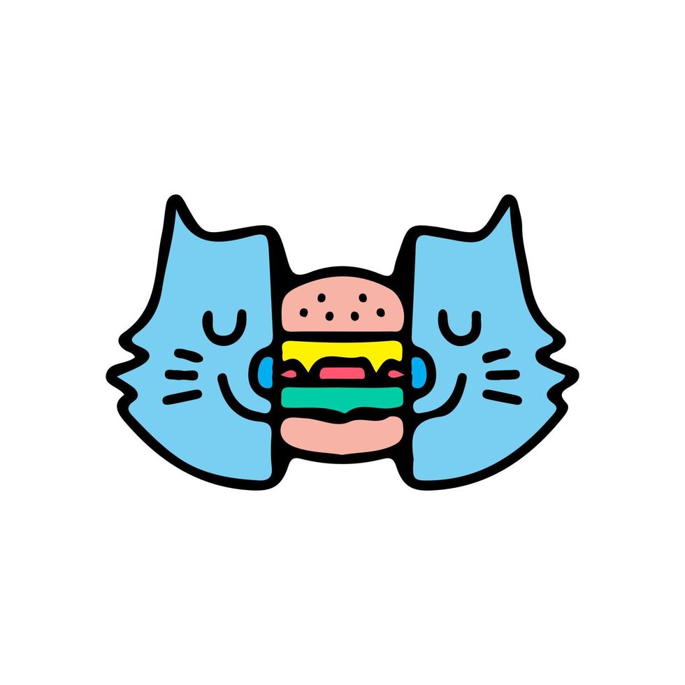 Due metà di gatto testa con hamburger dentro. illustrazione per strada indossare, t camicia, manifesto, logo, etichetta, o abbigliamento merce. retrò e pop arte stile. vettore
