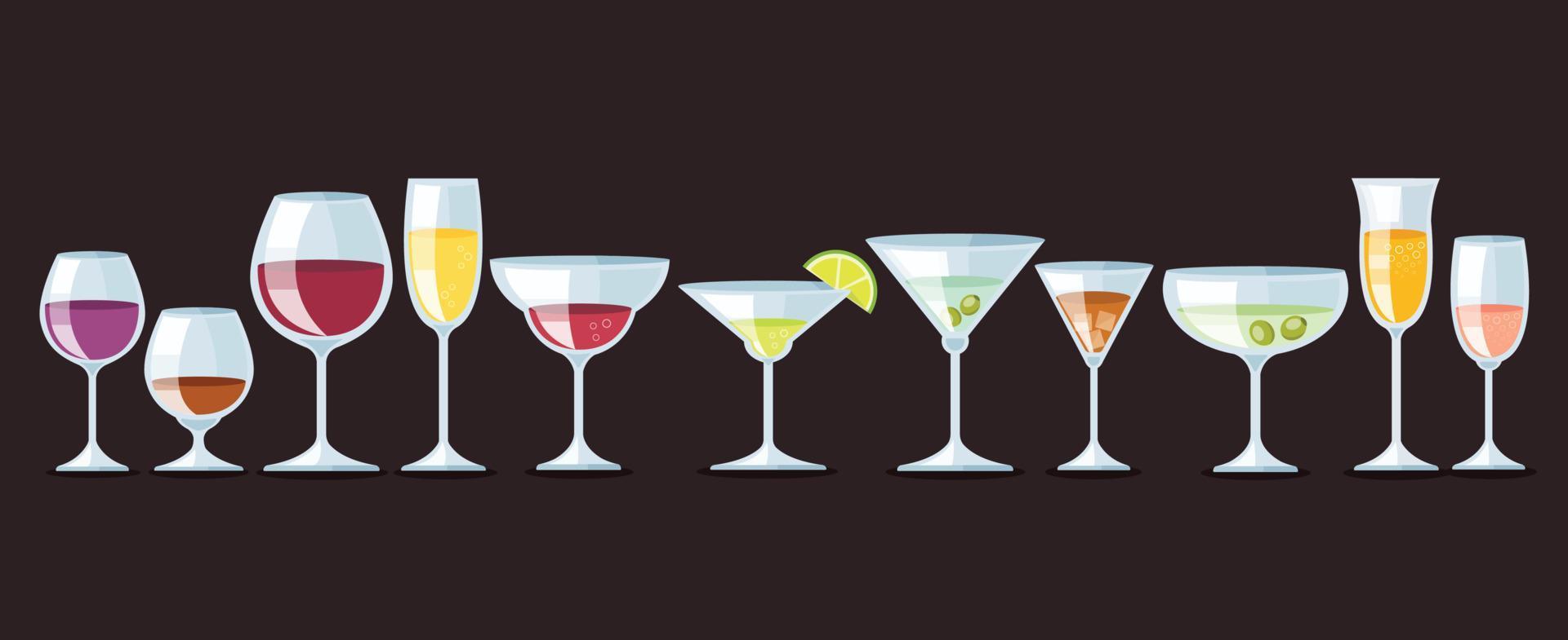 impostato di vino bicchiere e cocktail vettore illustrazione