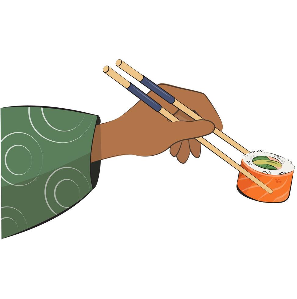 giapponese cucina, mano con bacchette, asiatico cibo. per ristorante menu e manifesti. consegna siti vettore piatto illustrazione isolato su bianca sfondo. Sushi rotoli onigiri soia salsa impostare. azione