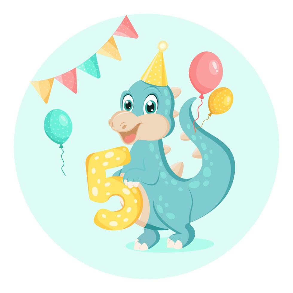 carino bambino dinosauro. compleanno invito. cinque anni, cinque mesi. contento compleanno saluto carta. vettore