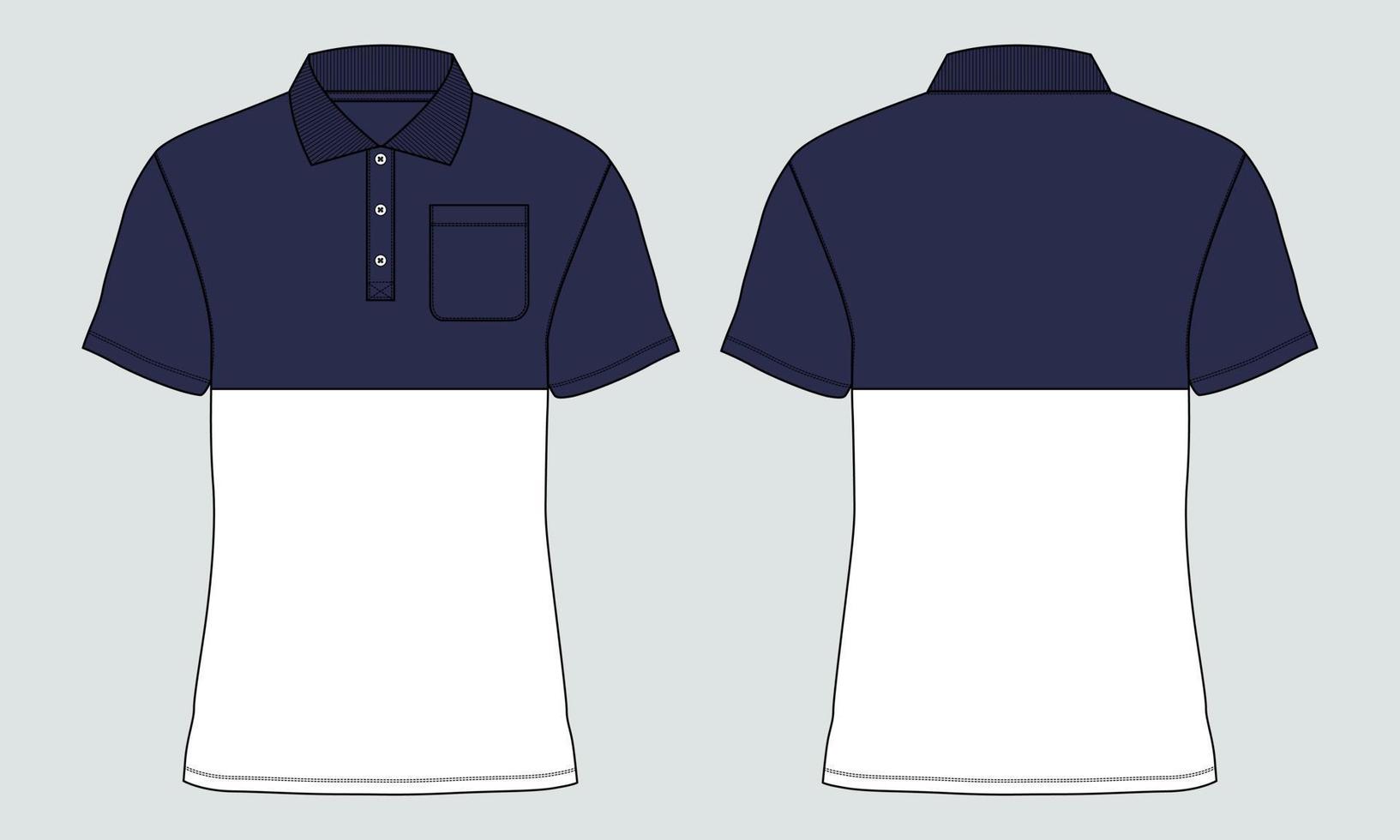 corto manica polo camicia tecnico moda piatto schizzo disegno modello davanti e indietro Visualizza. vettore