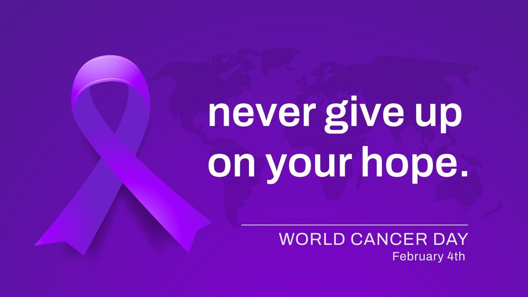 mondo cancro giorno bandiera con viola nastro. motivazionale citazione per cancro consapevolezza o campagna vettore