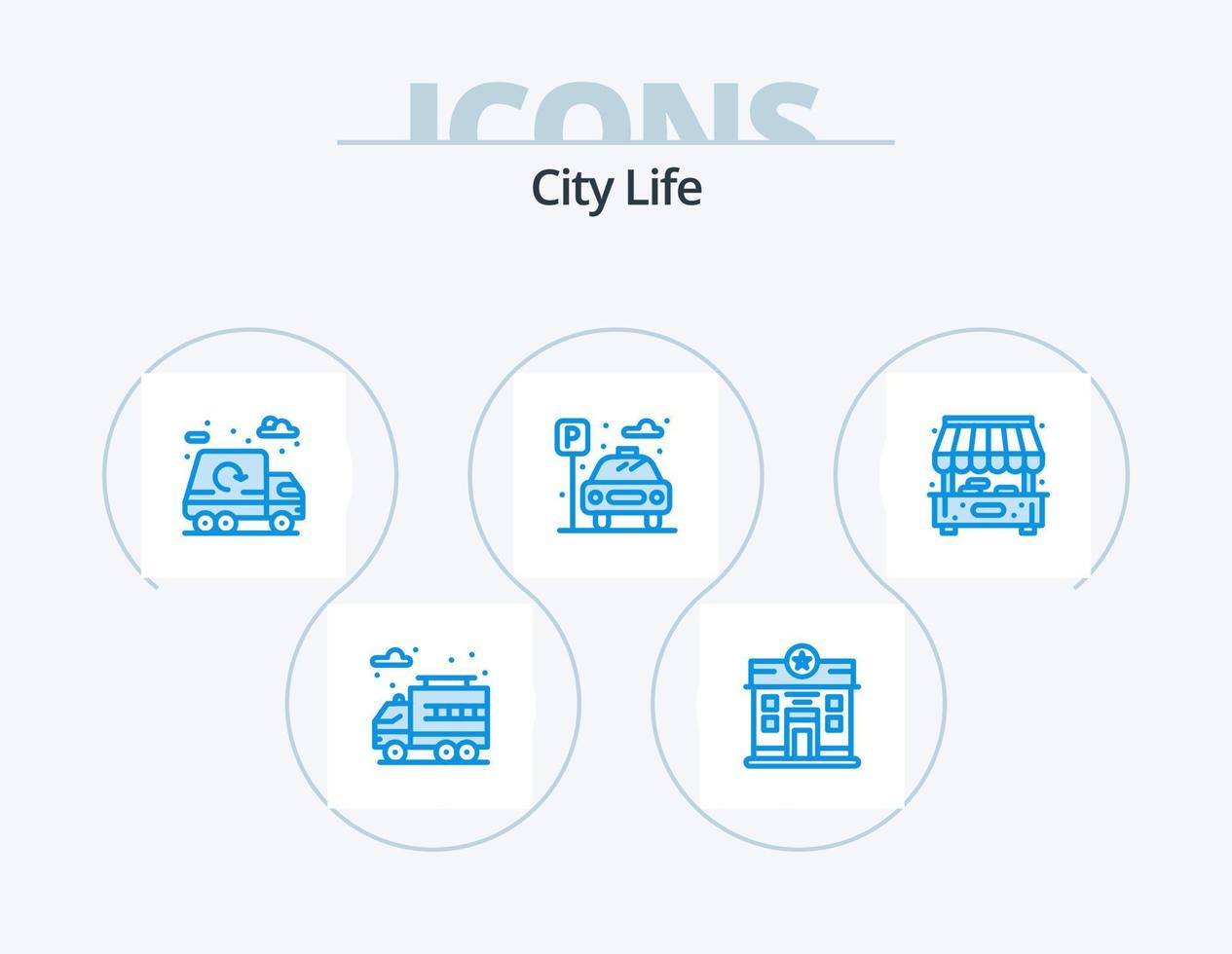 città vita blu icona imballare 5 icona design. negozio. città. vita. parcheggio. vita vettore