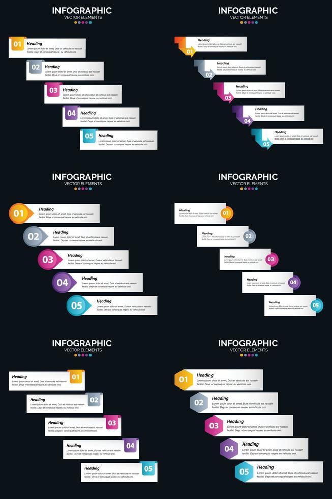 vettore 6 infografica imballare presentazione diapositiva modello 5 passaggi ciclo diagrammi e linea del tempo