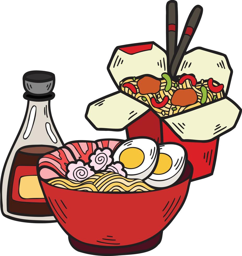mano disegnato tagliatelle e immediato tagliatelle Cinese e giapponese cibo illustrazione vettore
