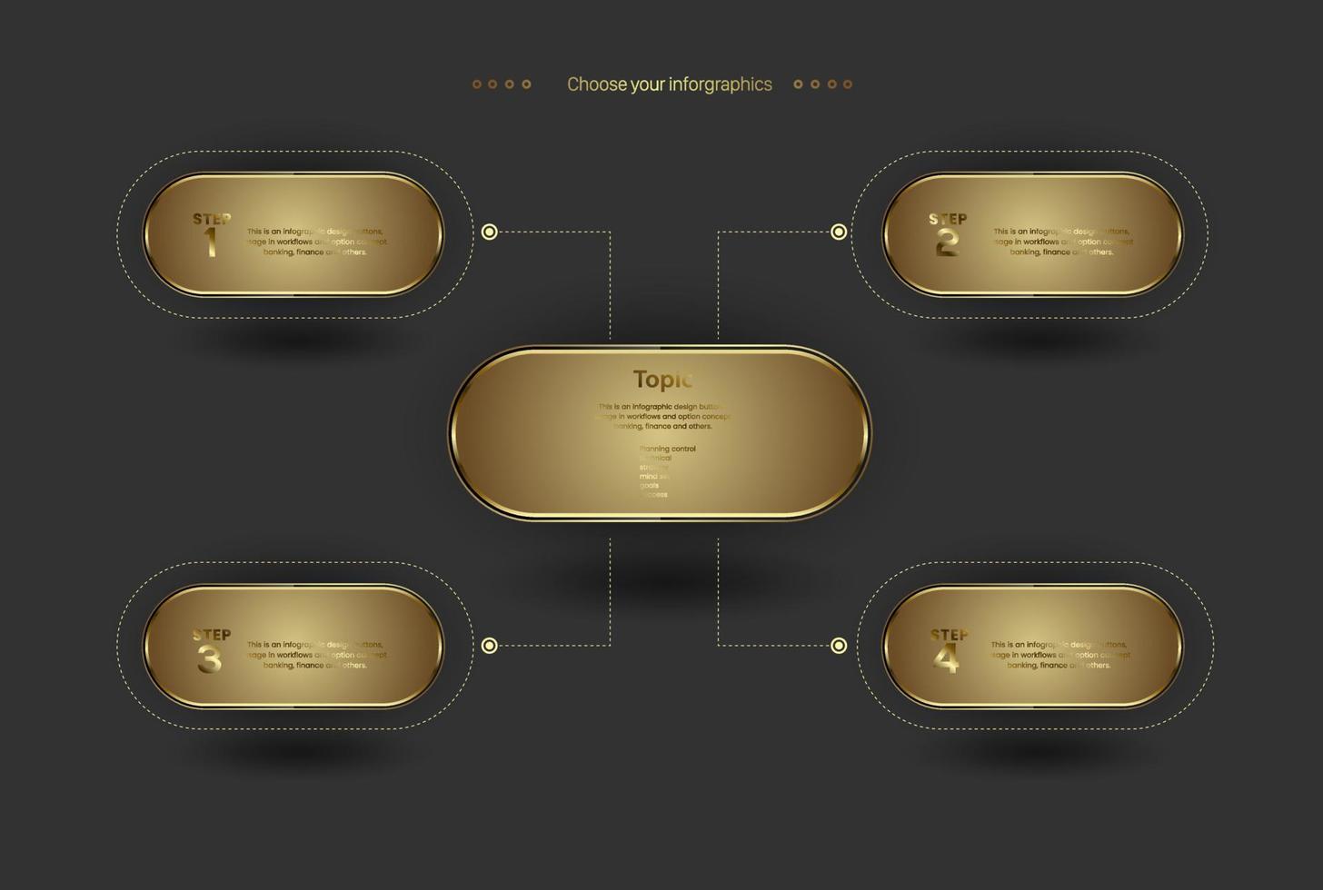 impostato di cinque d'oro passaggi striscione, 5 oro grafici arrotondato di cinque forme lusso elementi, vettore e illustrazioni modello infografica.