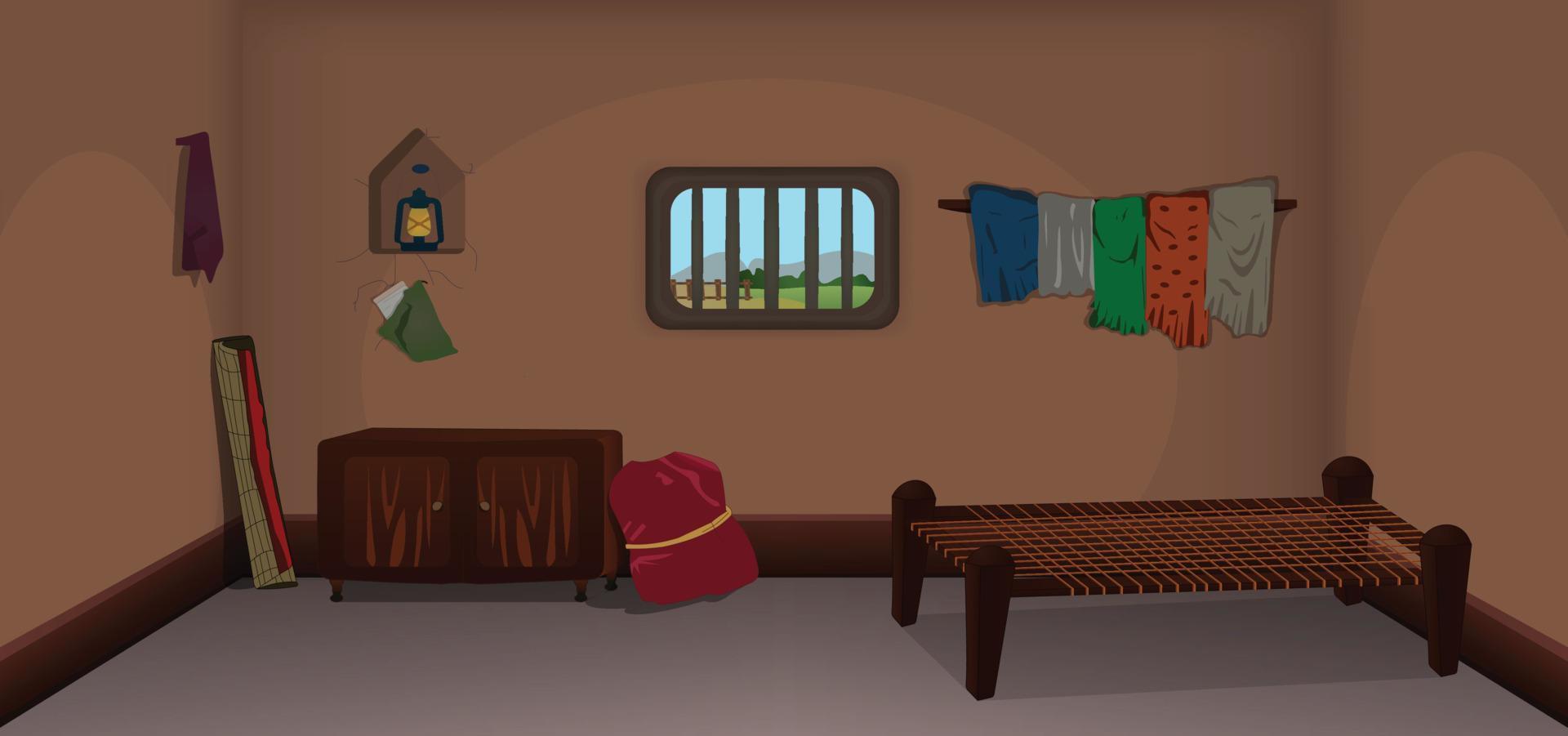 villaggio camera dentro cartone animato sfondo vettore, povero camera interno illustrazione. vettore