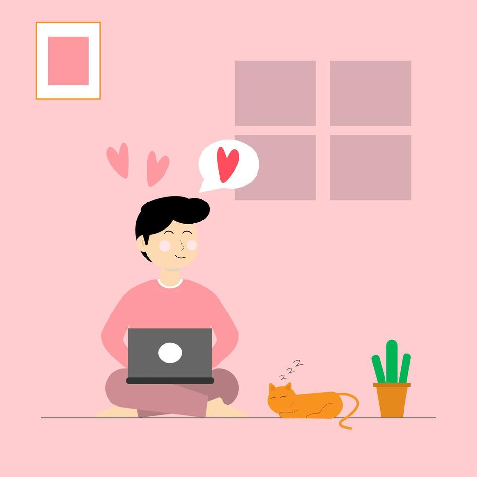 vettore illustrazione cartone animato uomo seduta utilizzando il computer portatile con gatto nel vivente camera si sente caduta amore cpncept