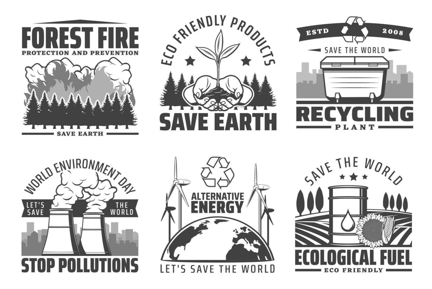 mondo ambiente giorno, Salva terra natura icone vettore