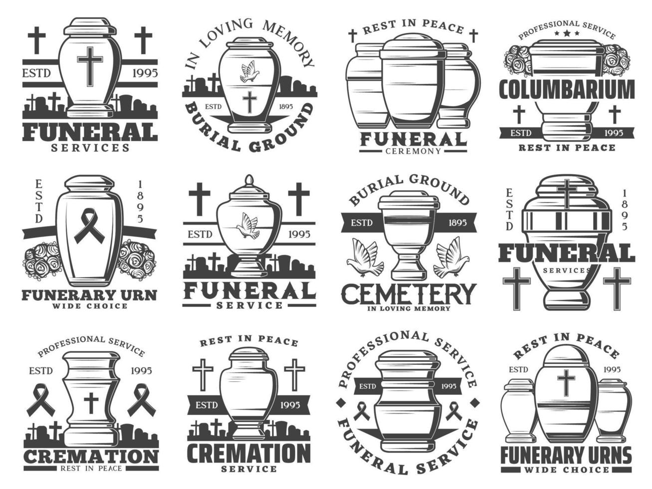 funerale e funerario urna vettore icone