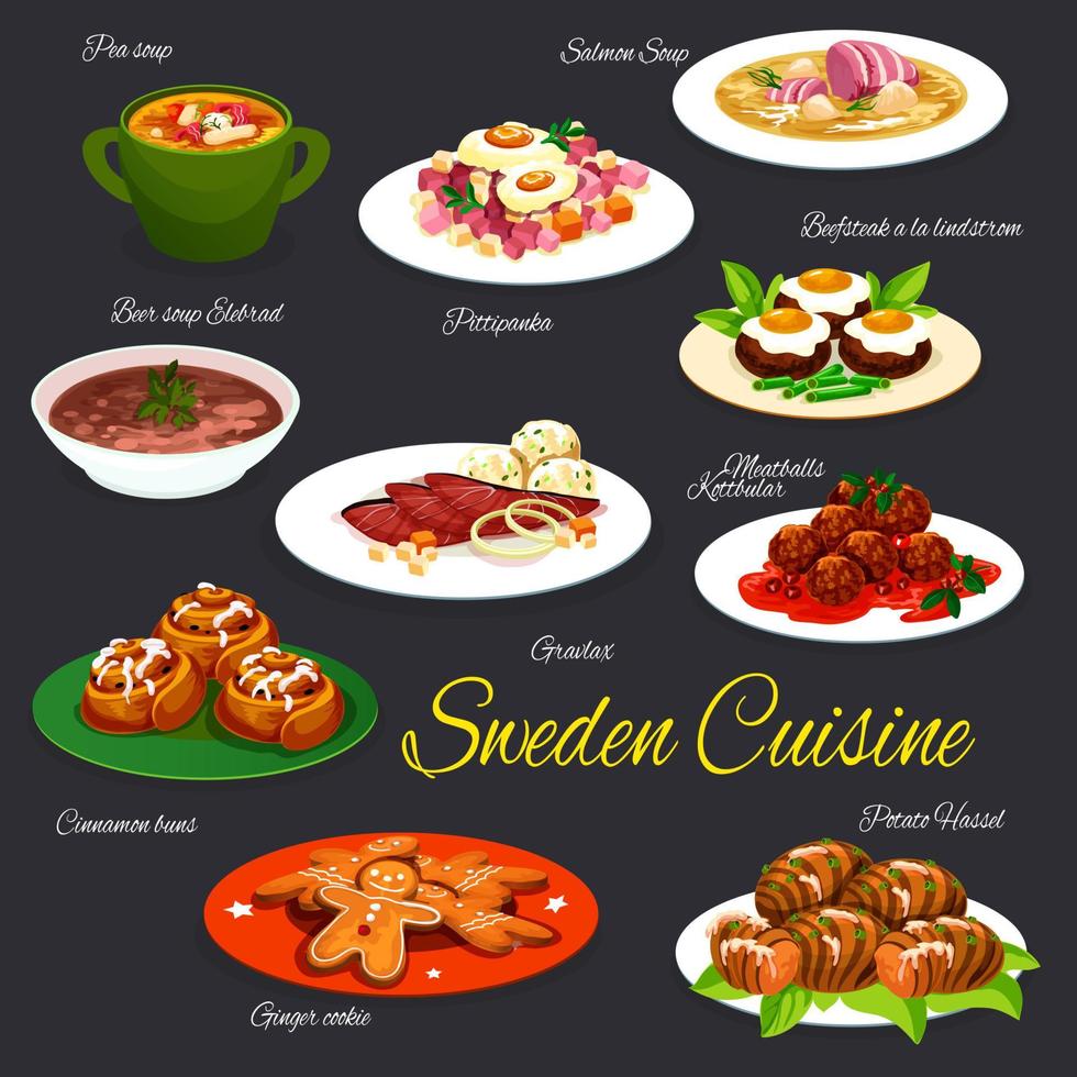 svedese cibo di pesce, carne, verdure e pasticcini vettore