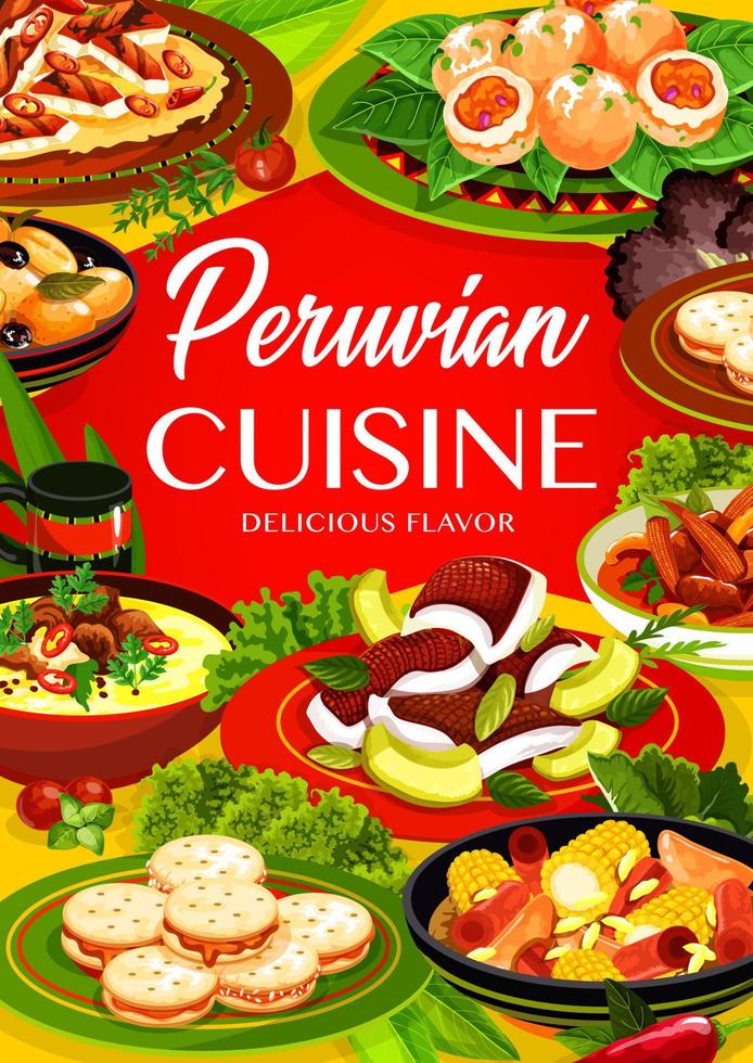 peruviano piatti di carne, la verdura, pesce, biscotti vettore
