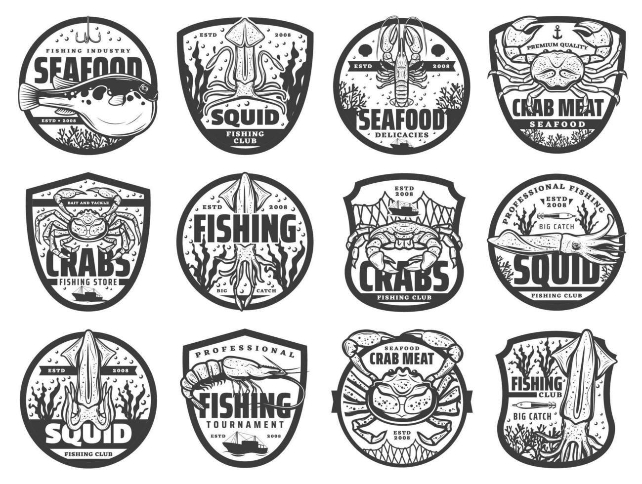 mare pesca sport icone, vettore emblemi