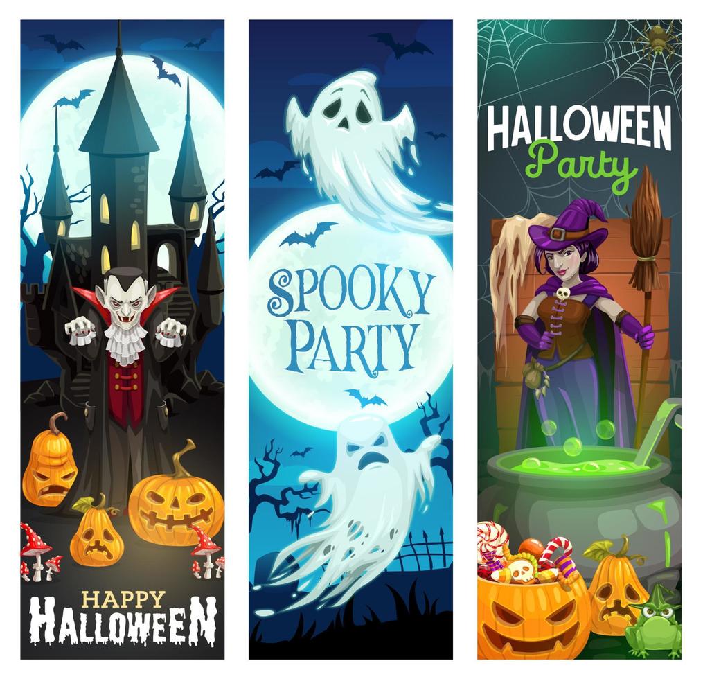 Halloween fantasma, zucche, pipistrelli, strega e vampiro vettore