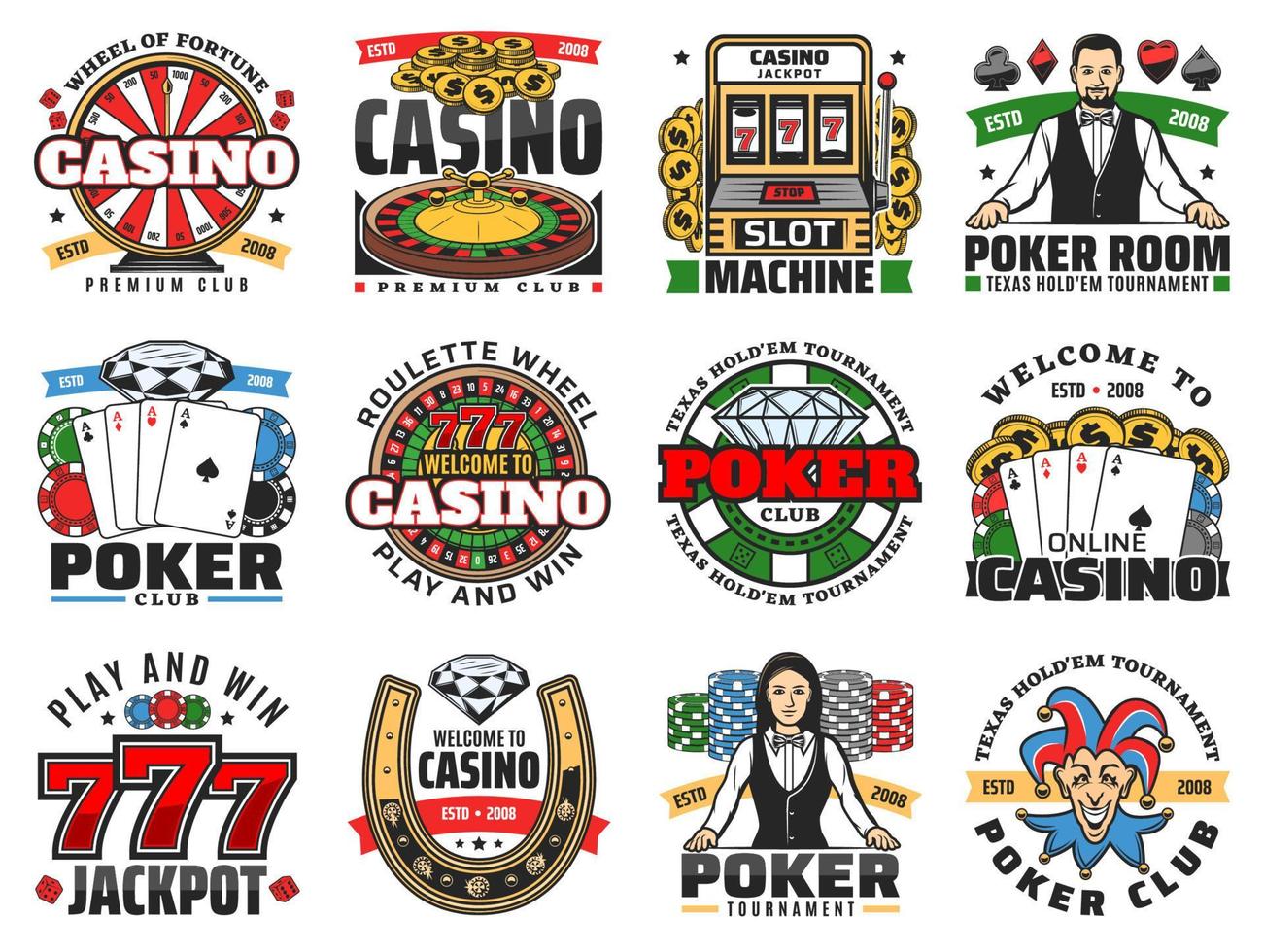 casinò icone di roulette, poker carte, patatine fritte, dado vettore