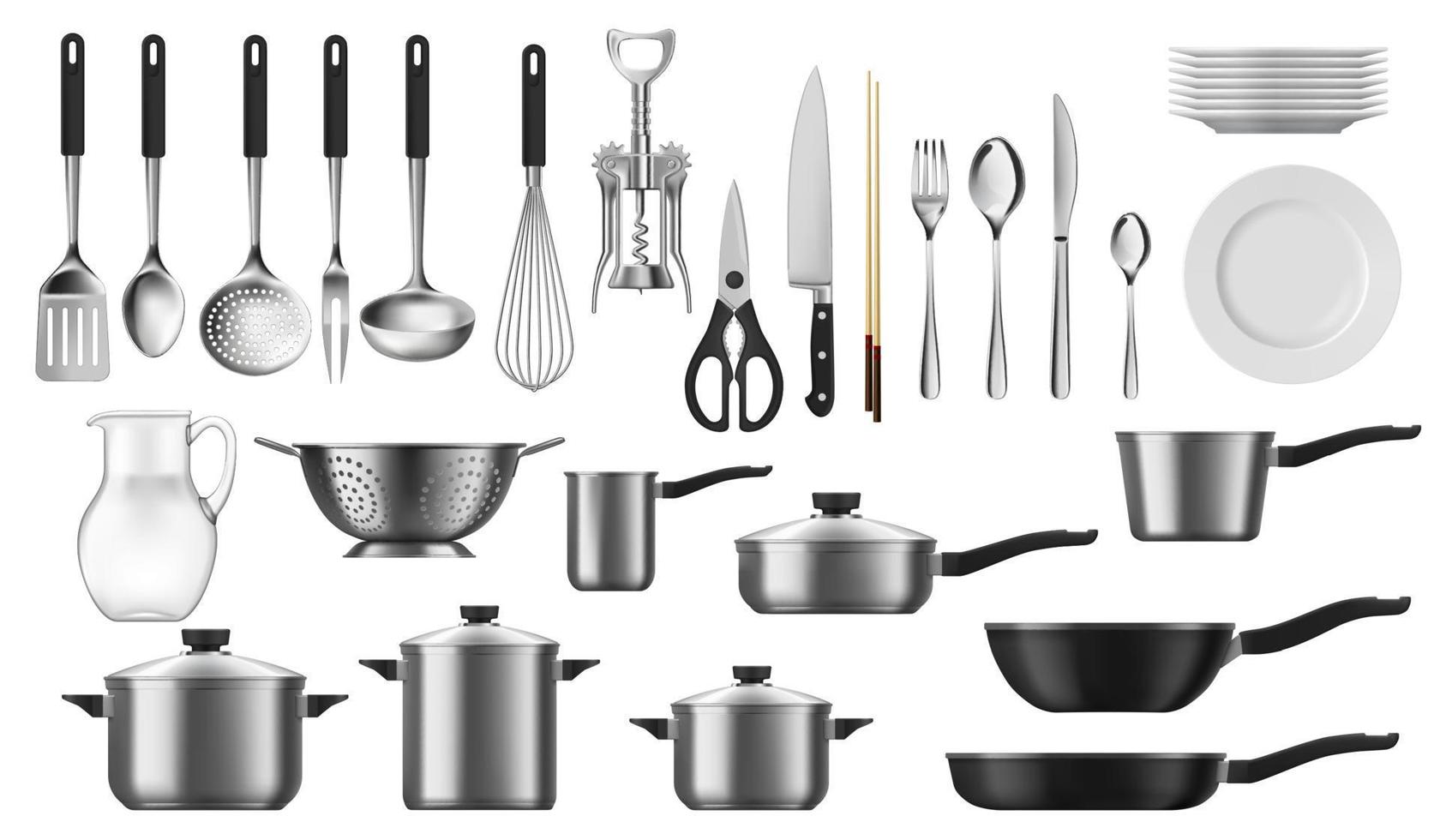 utensili da cucina impostare, cucina utensili e posate vettore