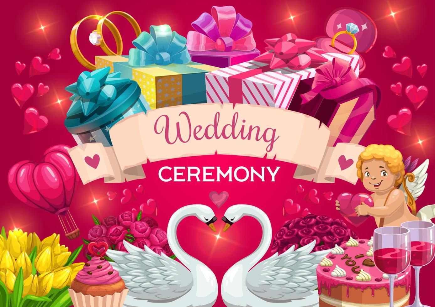 nozze festa cerimonia, matrimonio i regali e cuori vettore