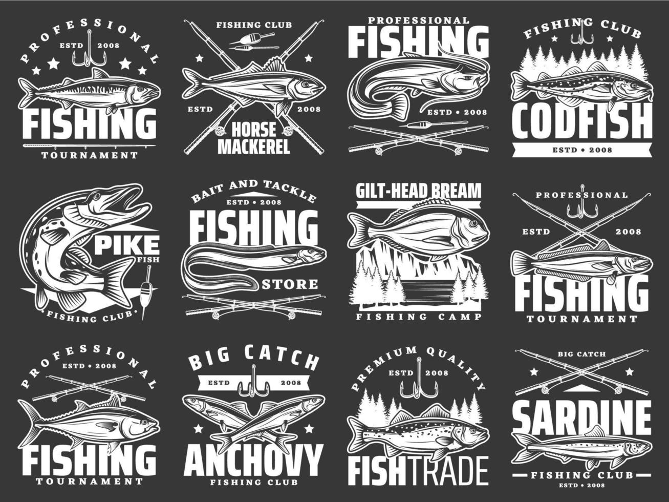 pesca sport, torneo e grande pesce catturare icone vettore