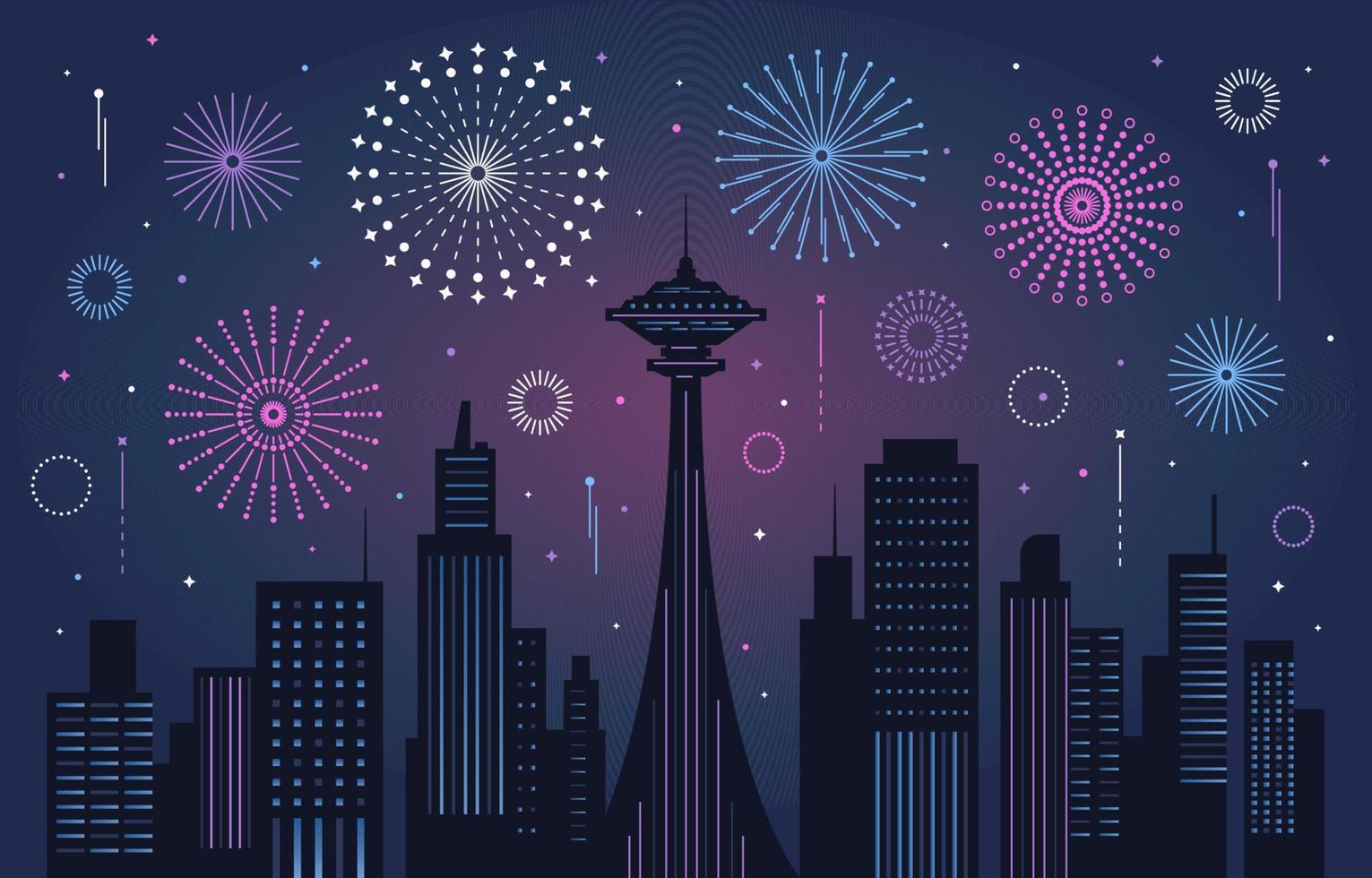 festeggiare nuovo anno su notte città con fuochi d'artificio sfondo vettore