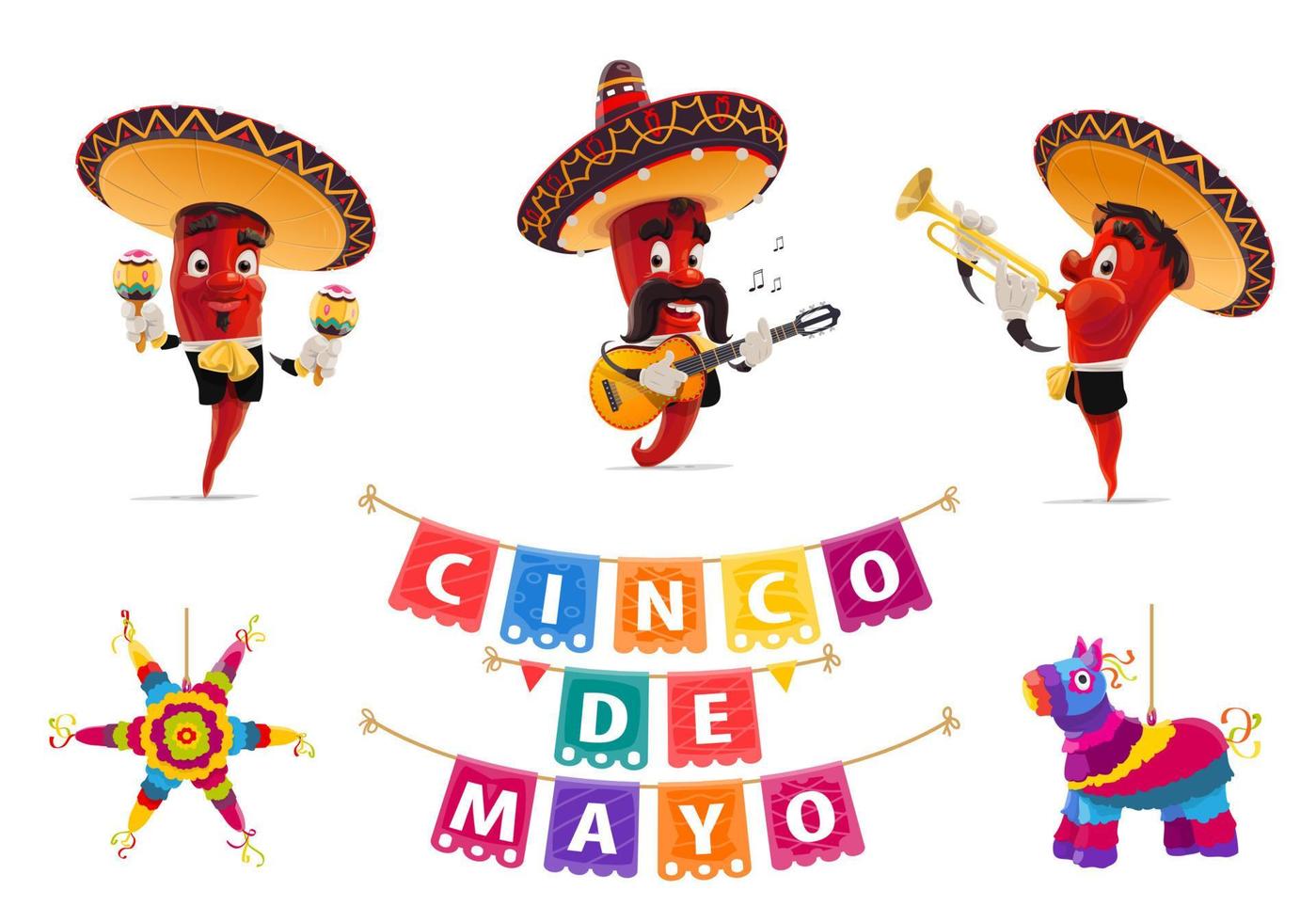 cinco de mayo peperoni, pinata, papel picado bandiere vettore