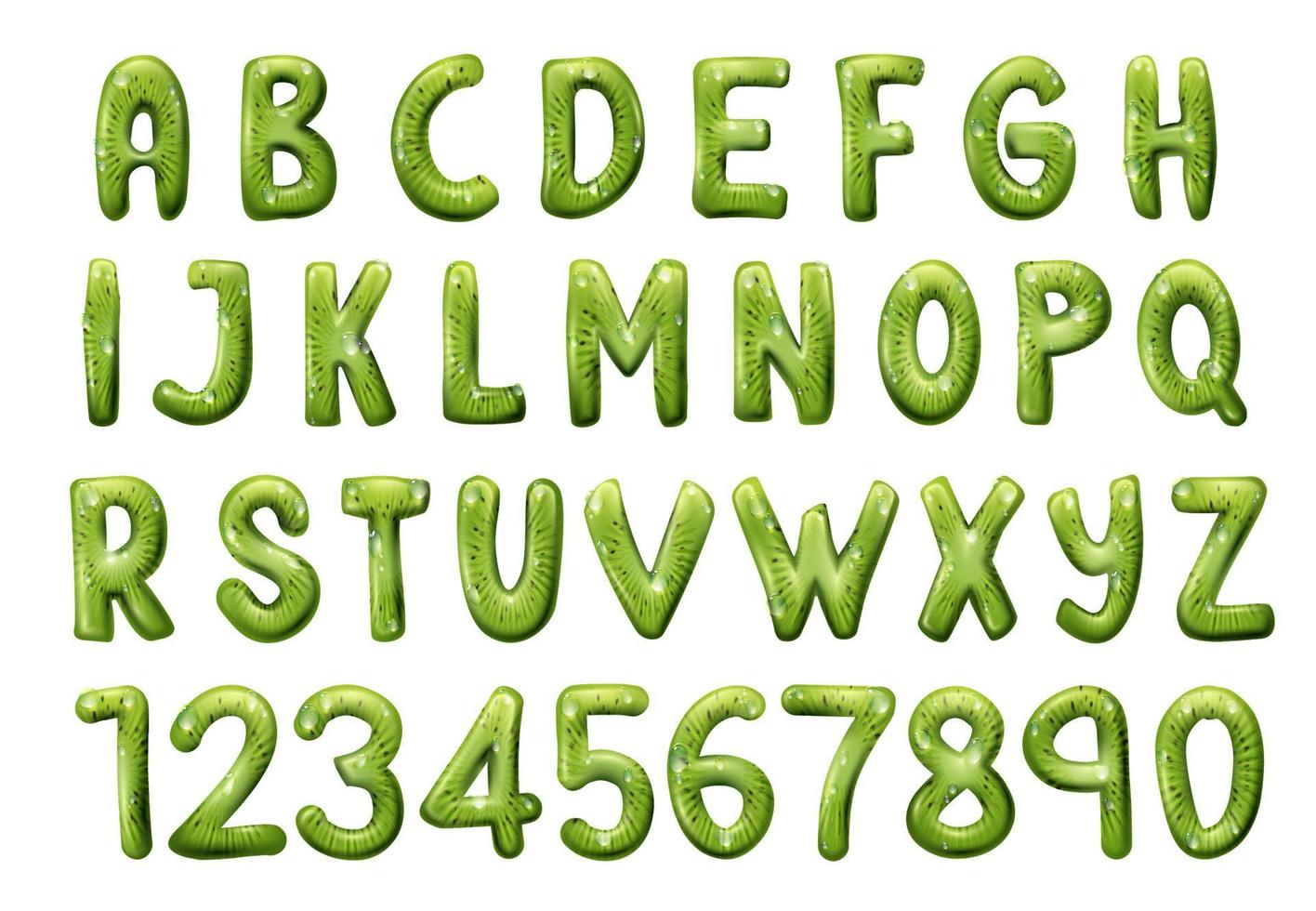 Kiwi tropicale frutta font, lettere e numeri vettore