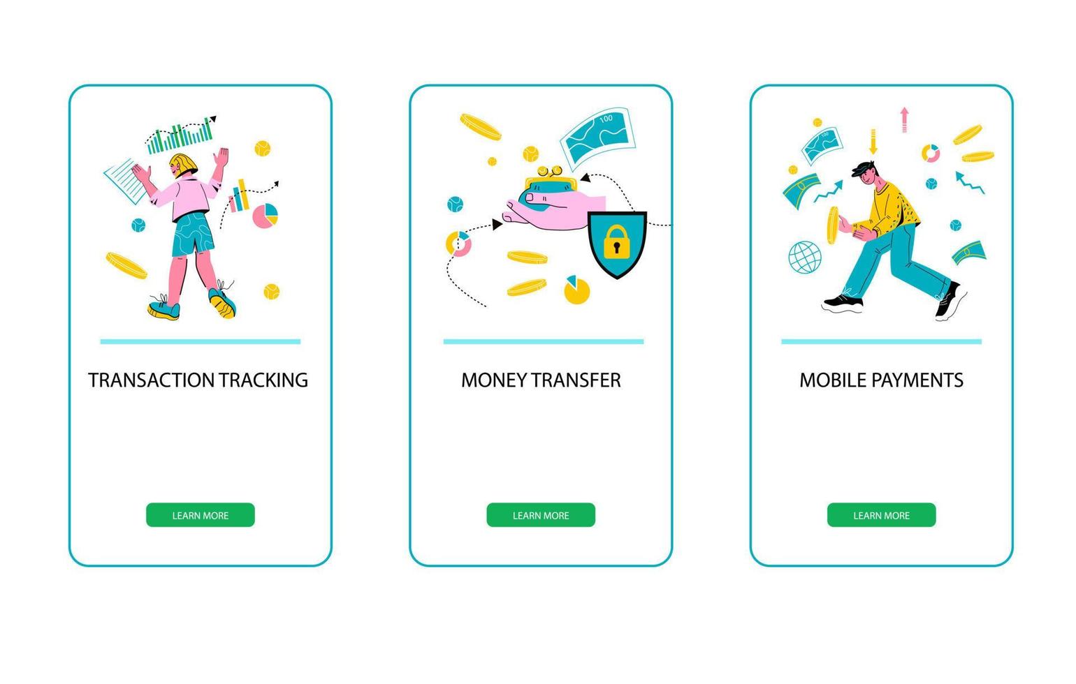sicuro pagamento e sicurezza i soldi trasferimento mobile onboarding pagina impostare. in linea pagamenti, transazione puntamento e assicurazione. piatto cartone animato vettore illustrazione isolato.