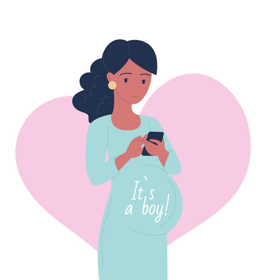 donna incinta con smartphone. esso è un' ragazzo vettore